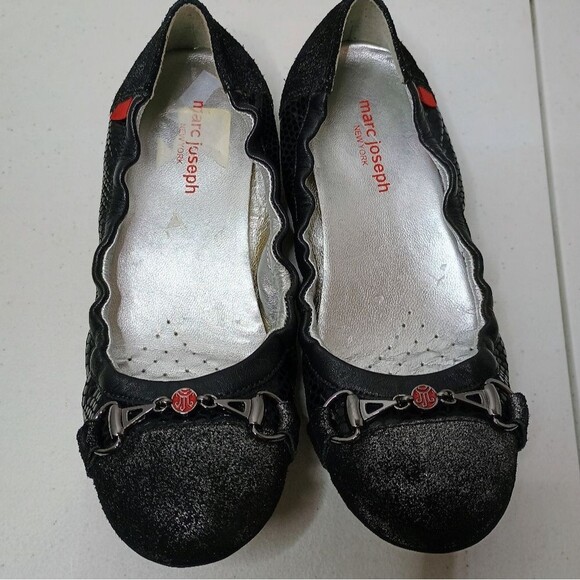 Marc Joseph NY Metallic Black Ballet Flats Reptile Print Leather Slip-On Size 7 - Picture 2 of 6